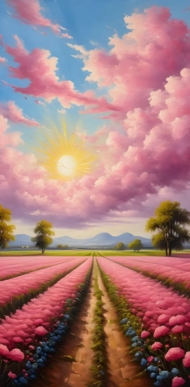 a field of flowers with the sun in the background