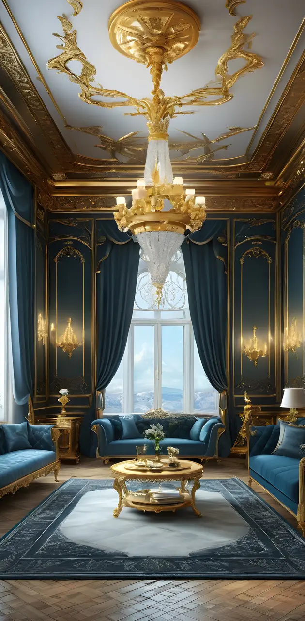 a room with a chandelier and couches