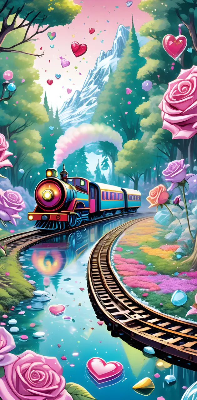 a painting of a train going through a forest