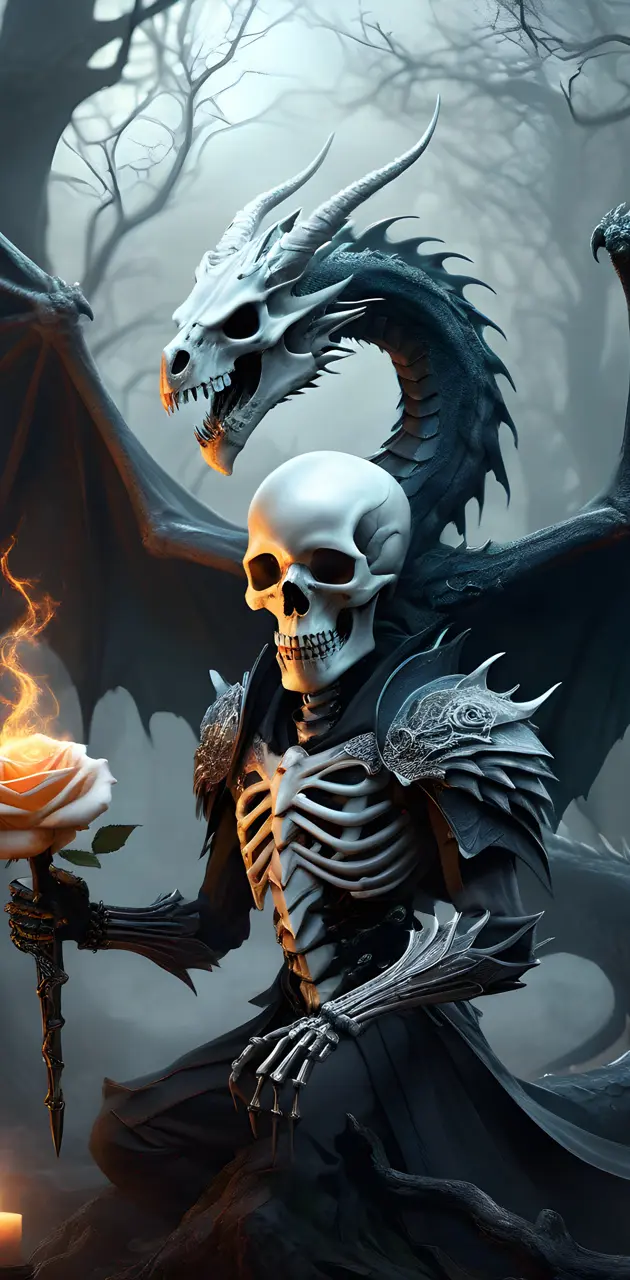 skeleton and dragon with a rose in flames