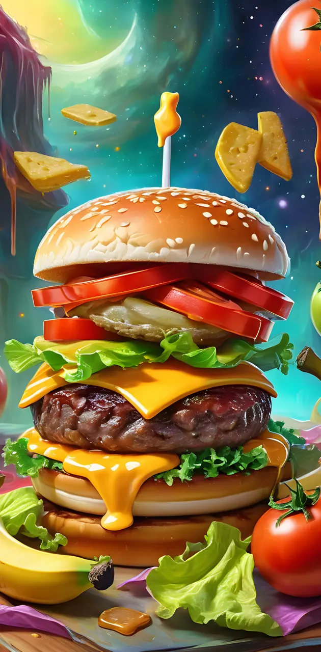 a painting of a burger and vegetables