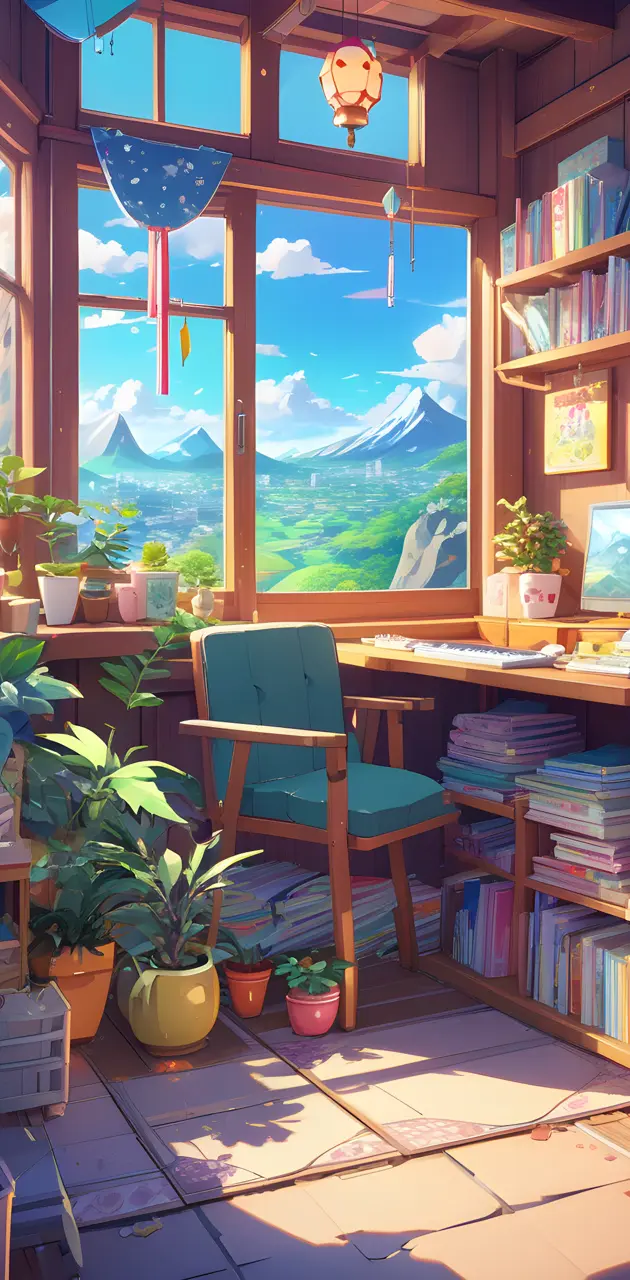 a room with a desk and bookshelves and a window