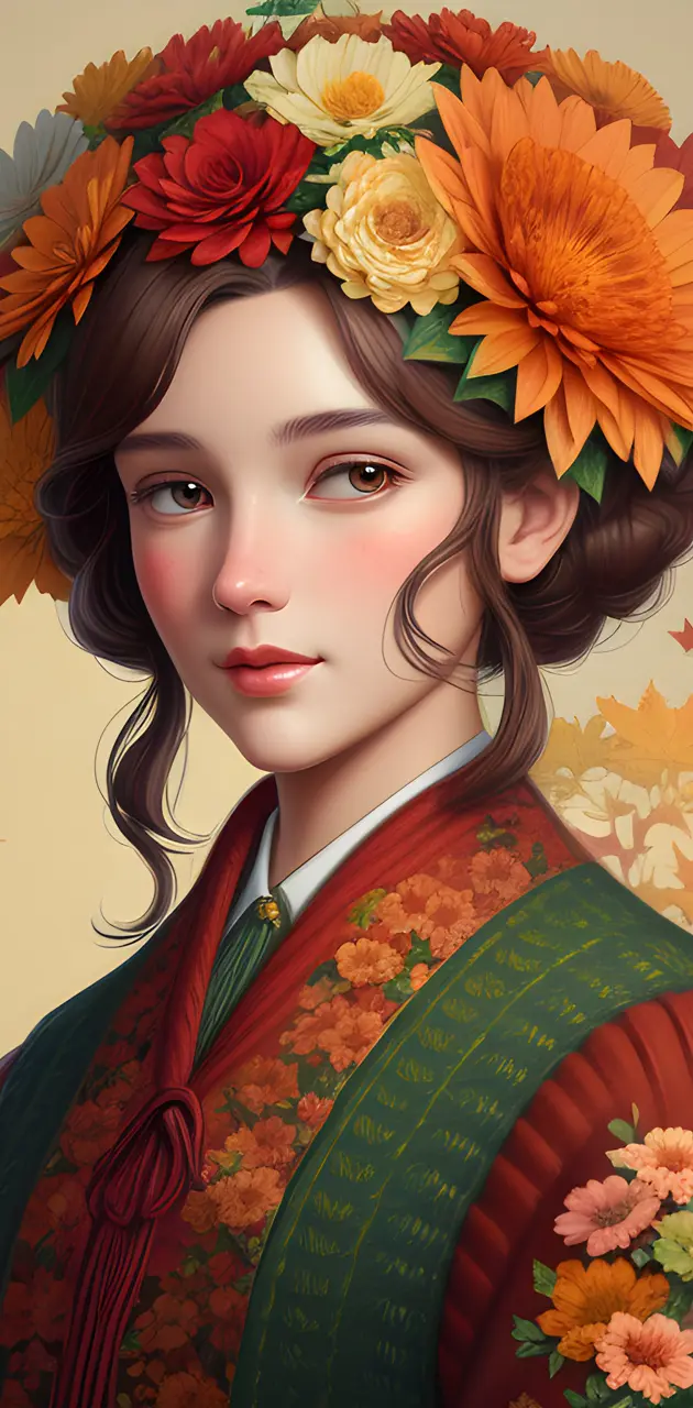 Beautiful Autumn Woman with Flowers in her Hair Well-Dressed Nostalgic