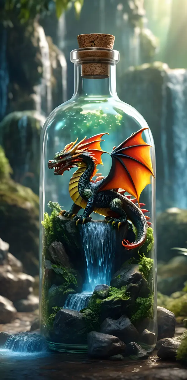 a glass bottle with a waterfall and dragon inside