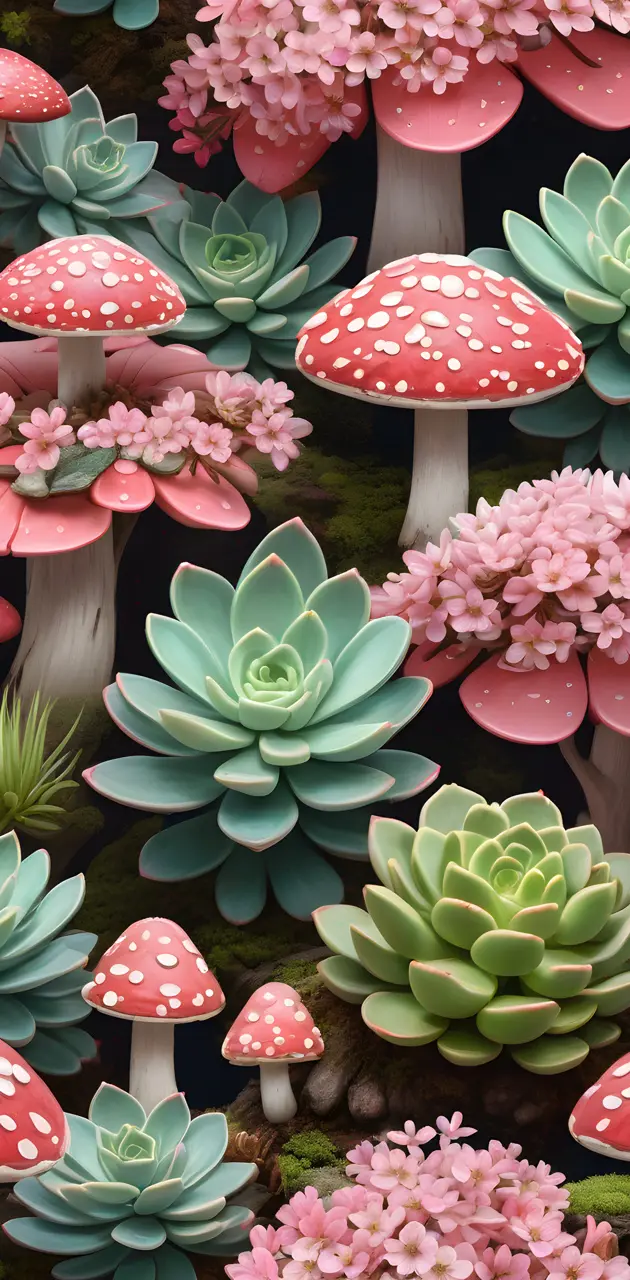 toadstools cherry blossoms and succulents
