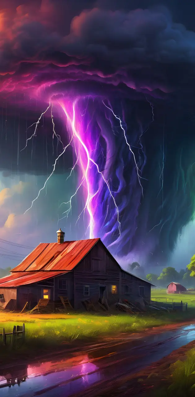 a house with a rainbow tornado