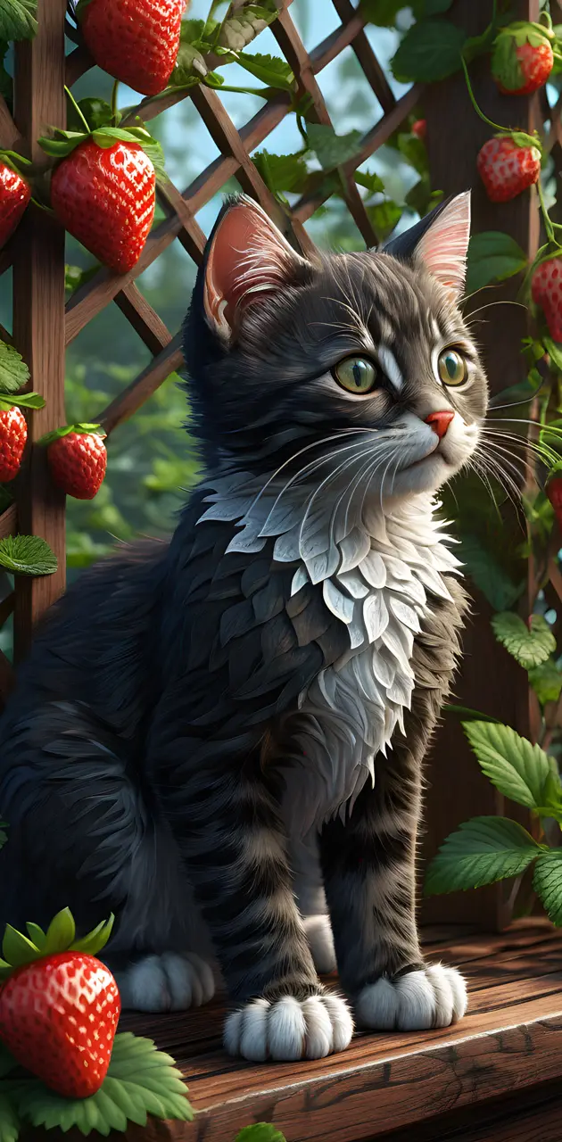 a cat standing on a ledge with strawberries on it