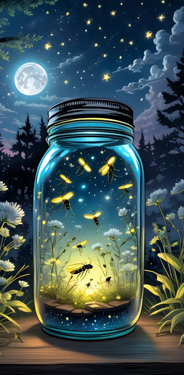 beautiful night fireflies in a bottle