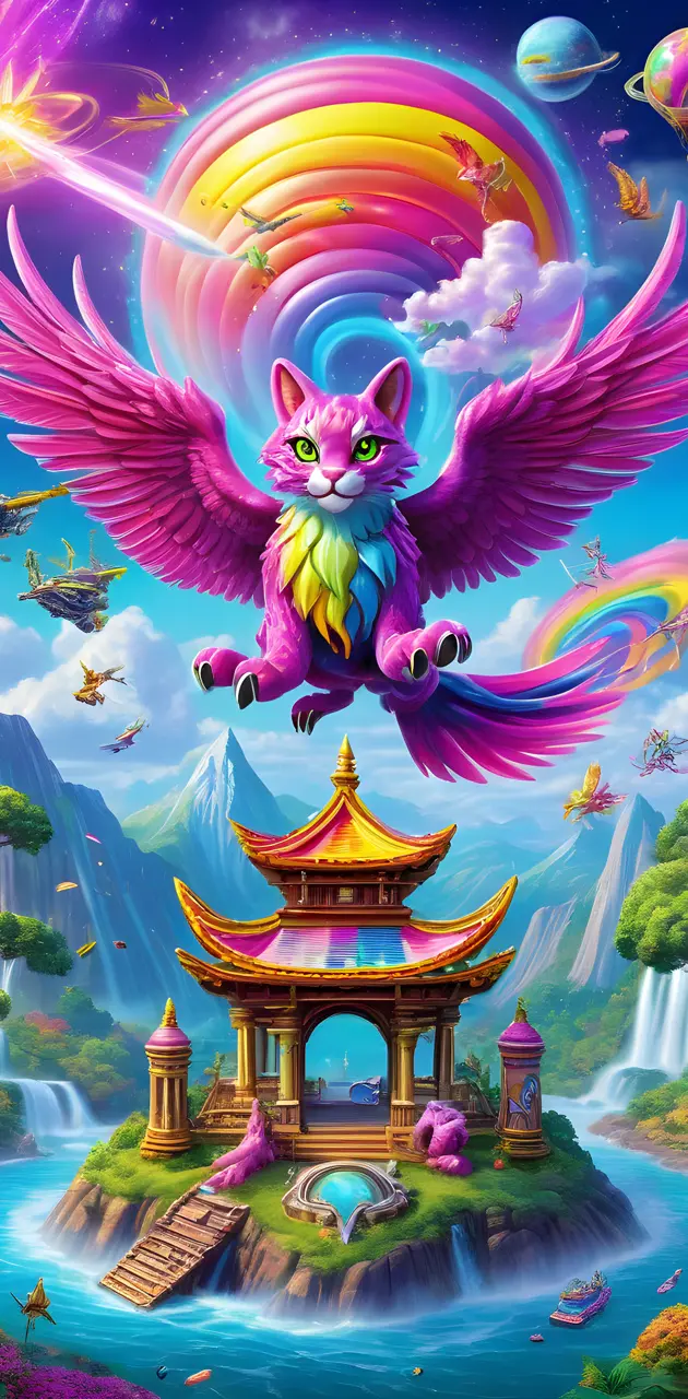 a cartoon of a dragon flying over a house with a dragon and a rainbow