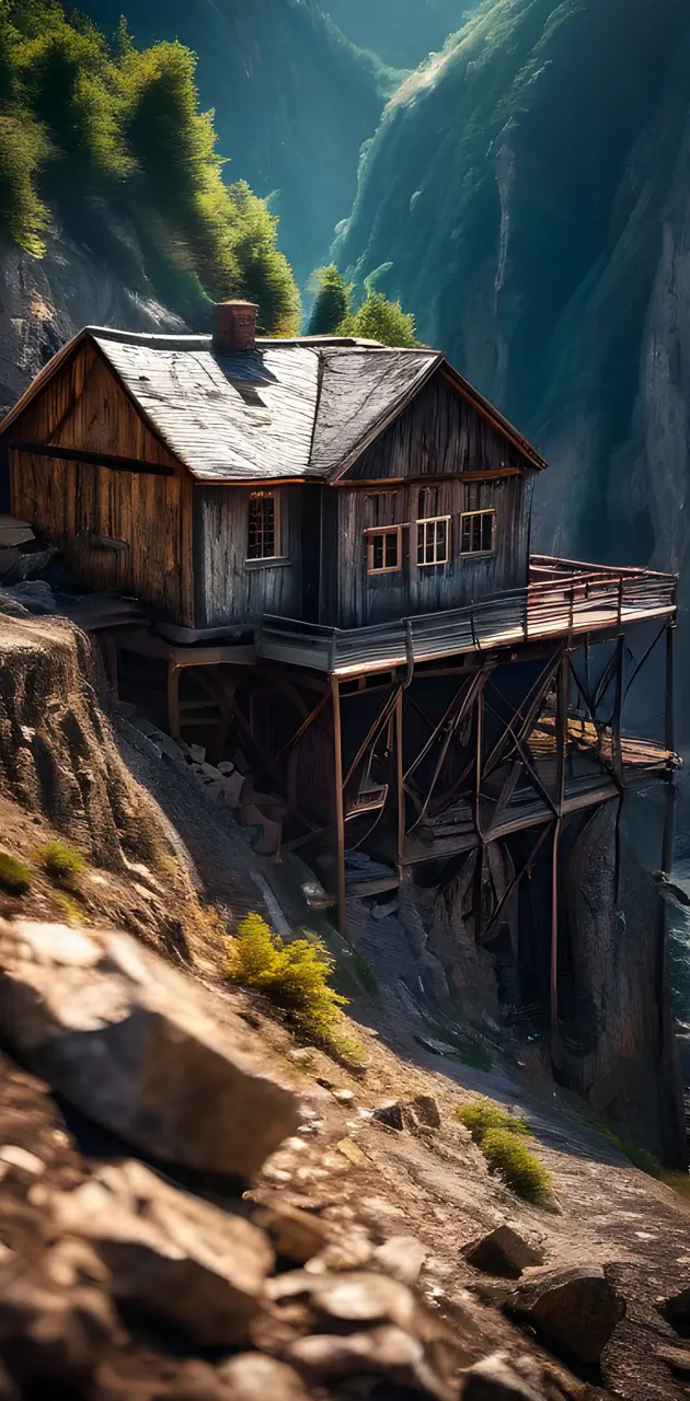 a wooden house on a cliff