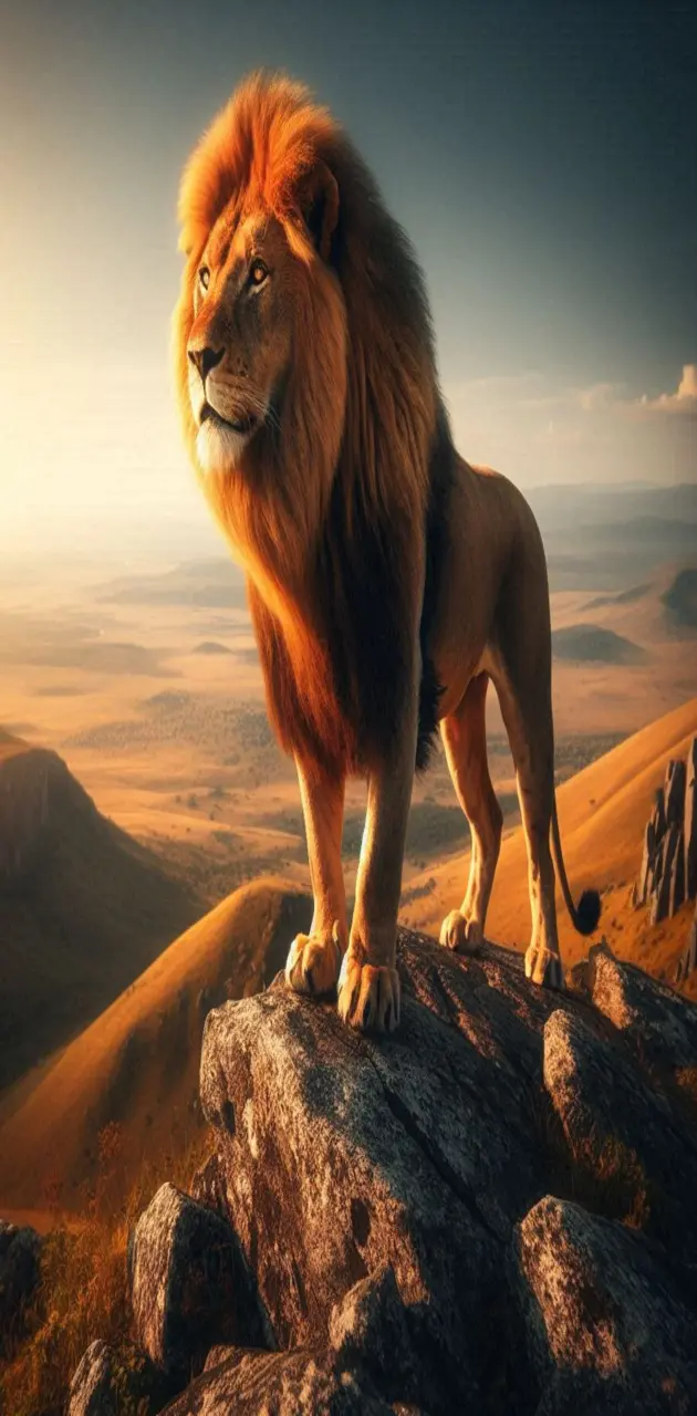 A powerful lion standing on the top of a mountain