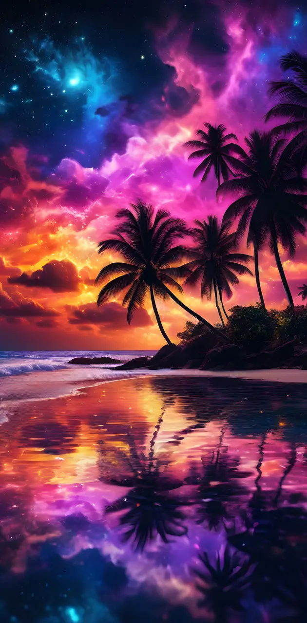 a tropical beach with palm trees and the stars in the sky