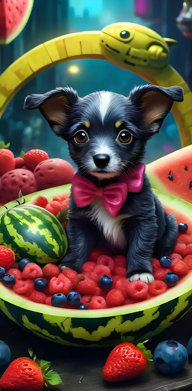 a dog in a bowl of watermelon