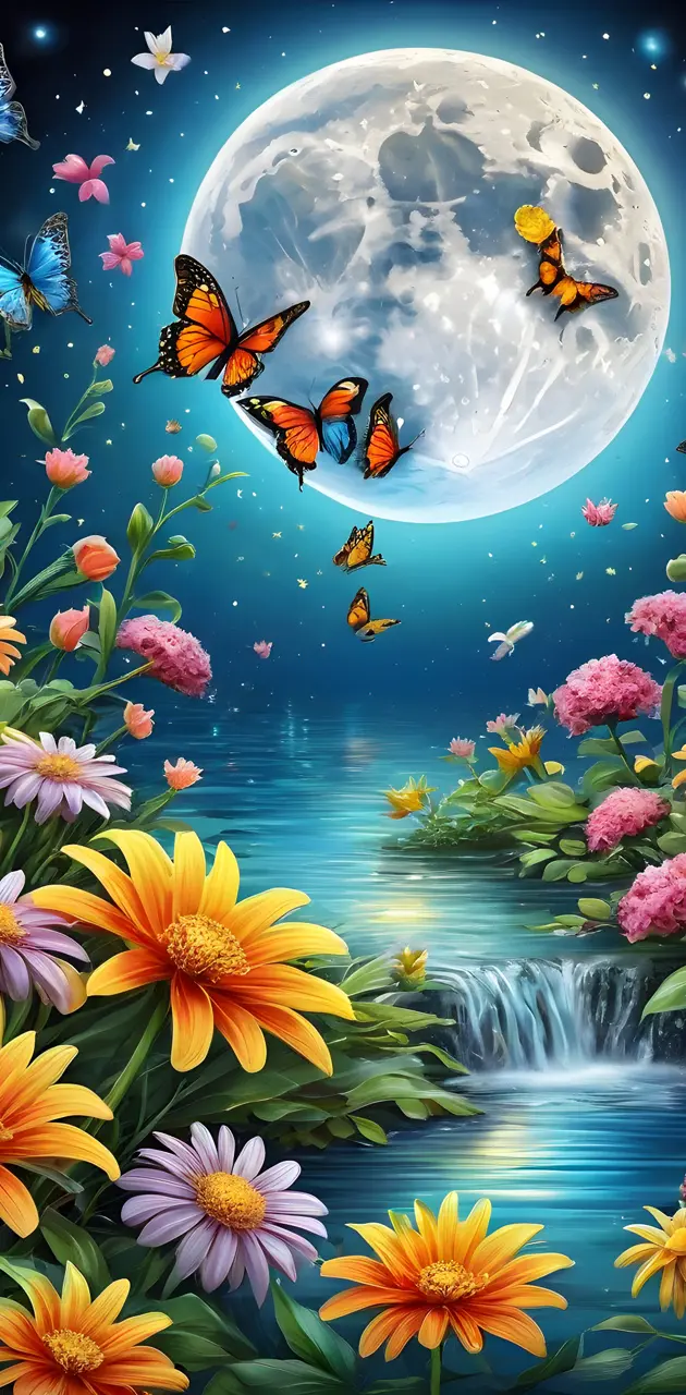 a group of butterflies flying over a pond with flowers and a moon