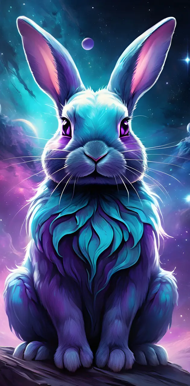 purple,turquise Bunny in space, trippy, spooky