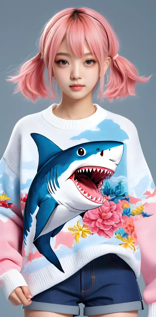 Little girl and sweater of a shark.