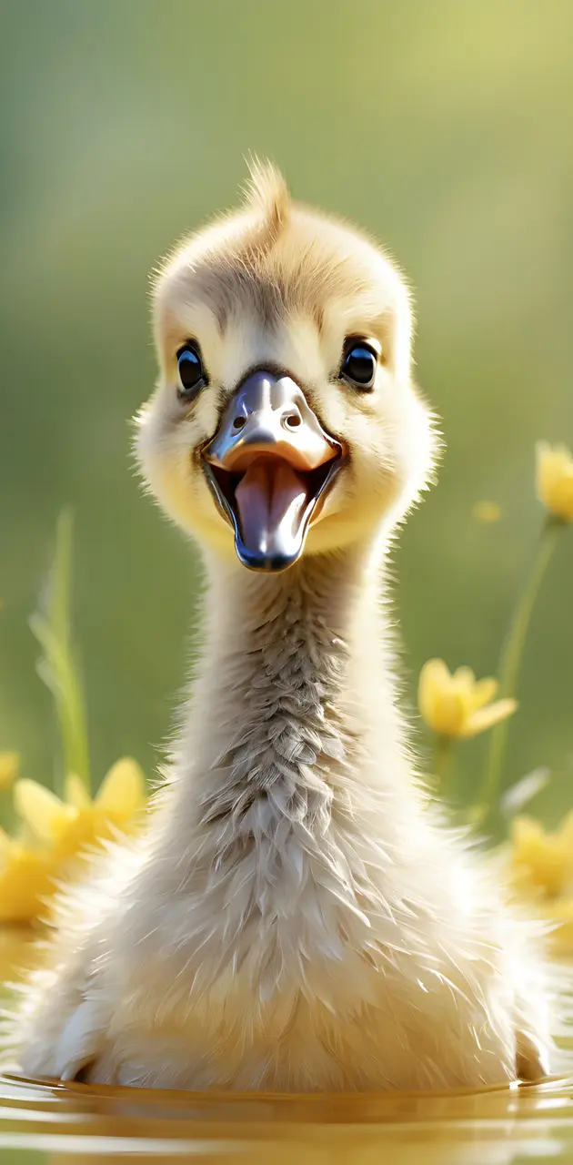 a baby duck with its mouth open