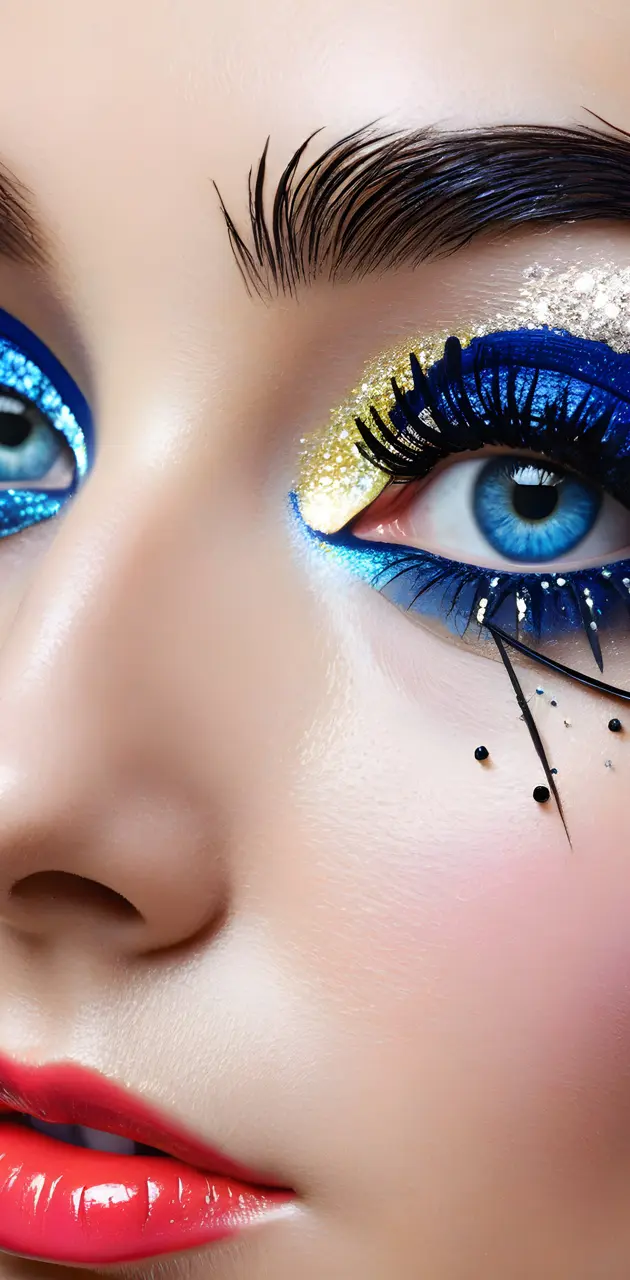 lip gloss, blue, eye makeup, gold sparkly