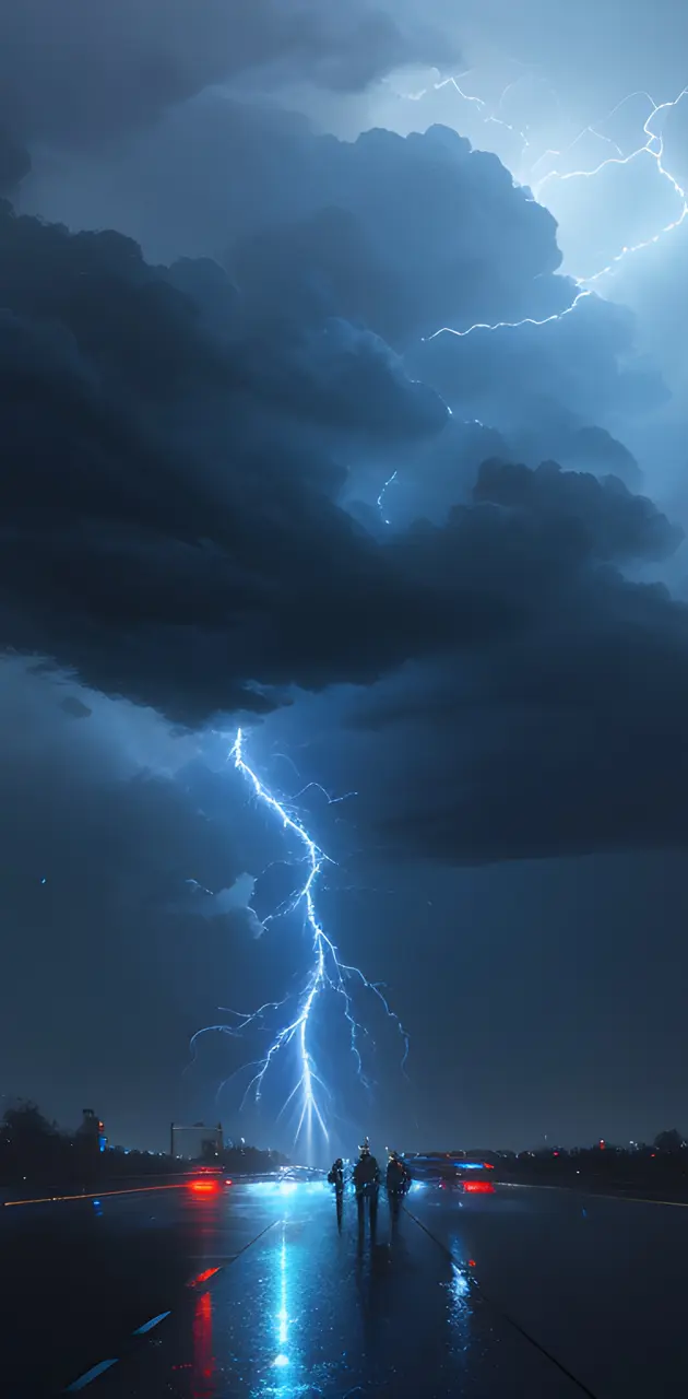 a lightning bolt striking a city
