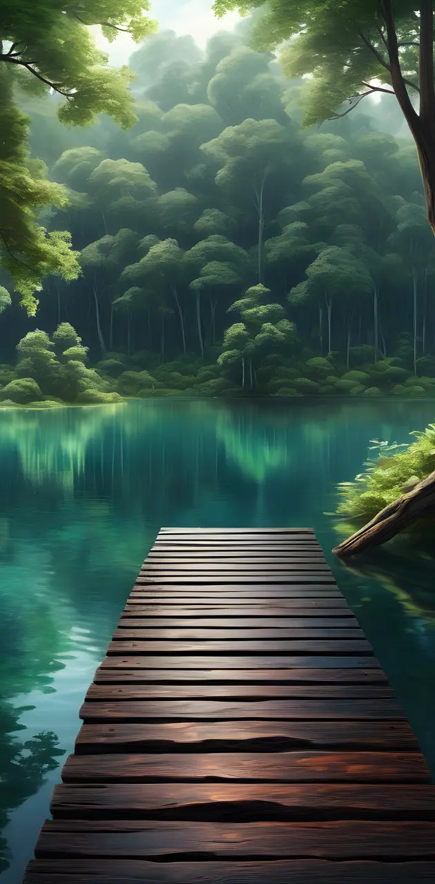 a wooden dock over a body of water surrounded by trees