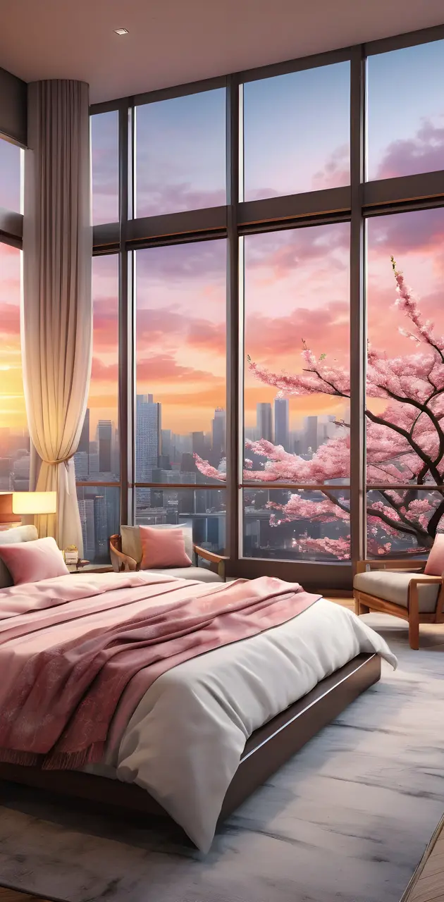A feminine pink & cherry blossom themed dream bedroom during sunset