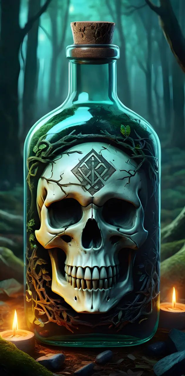 a skull and a glass bottle