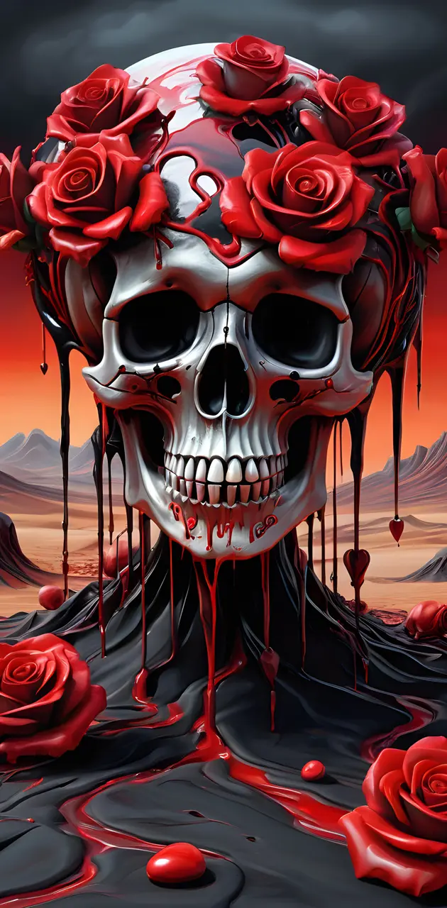 Red and black painted drippy roses, pearls, hearts, a spooky skull,