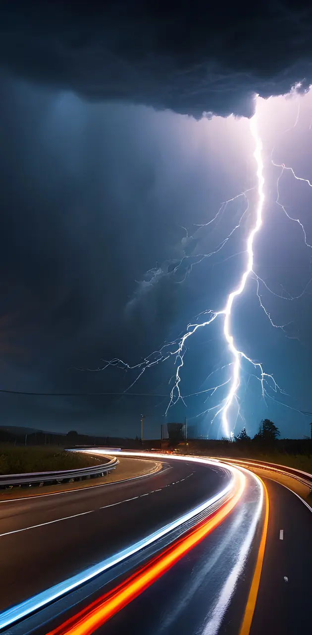 A road with lightning striking the ground
