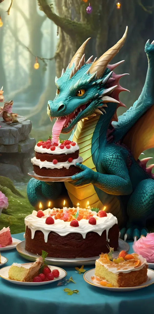 dragon eating Birthday cake with fairies