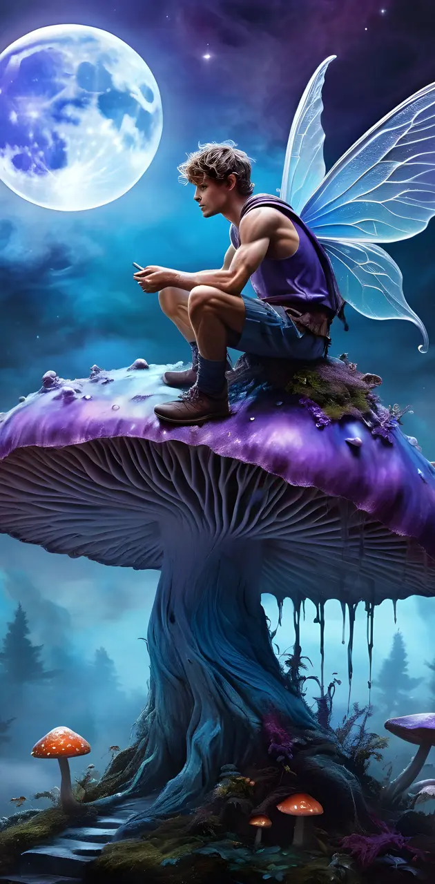 Male Fairy Sat On Mushroom