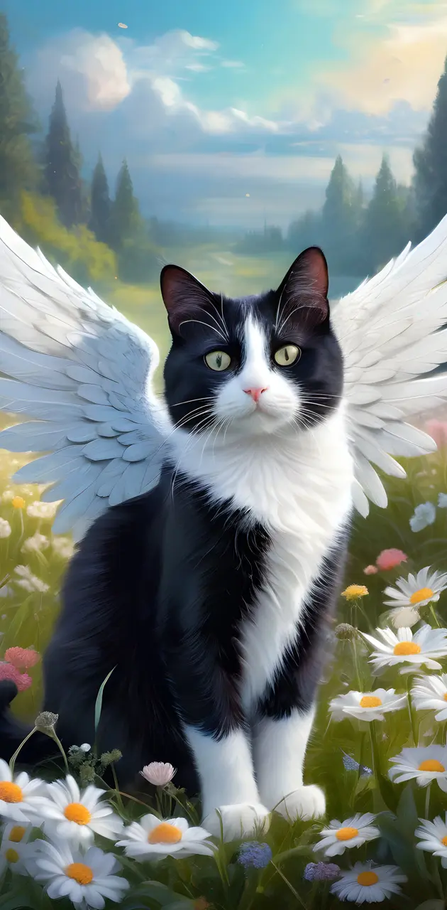 b&w cat with wings