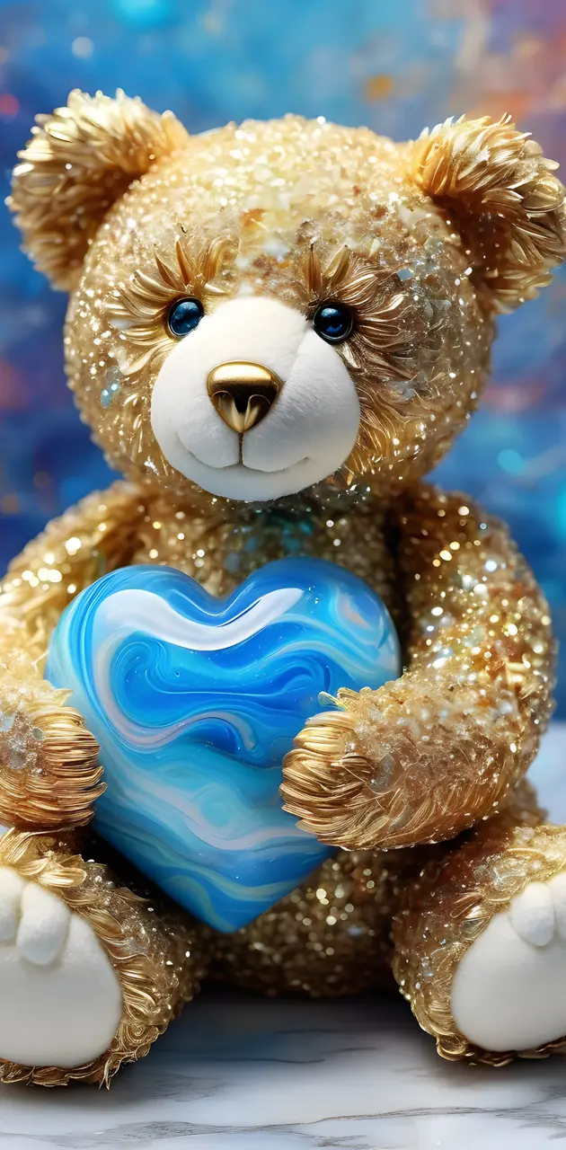 a stuffed animal holding a blue heart