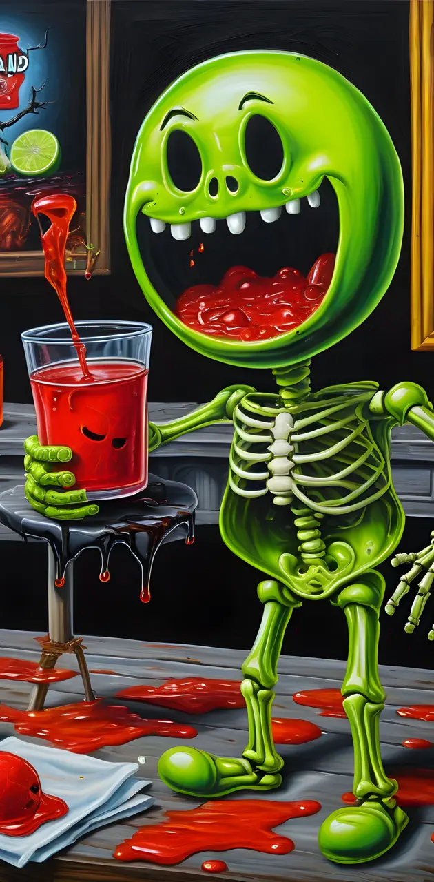 a green alien figure with a red cup and a red cup