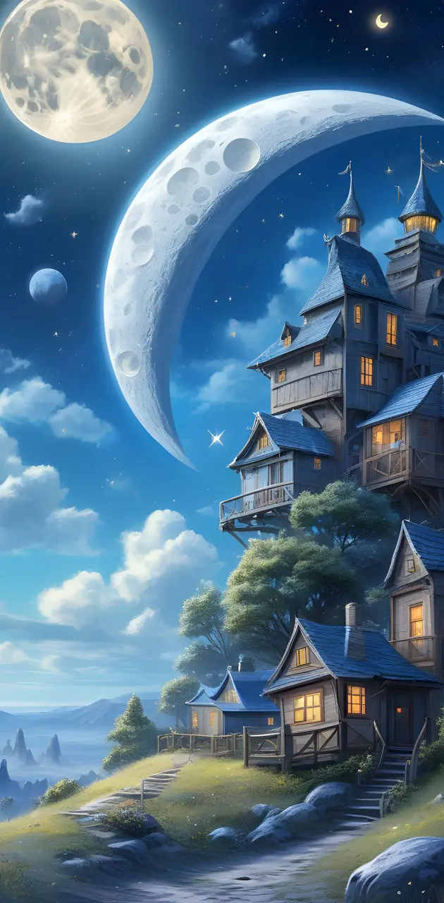 a house with a moon in the sky