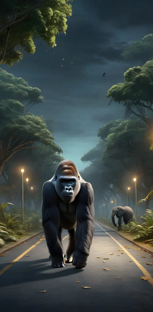 a person in a gorilla garment walking down a road with trees and