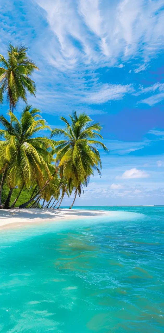 A beach with white sand, clear water and palm trees