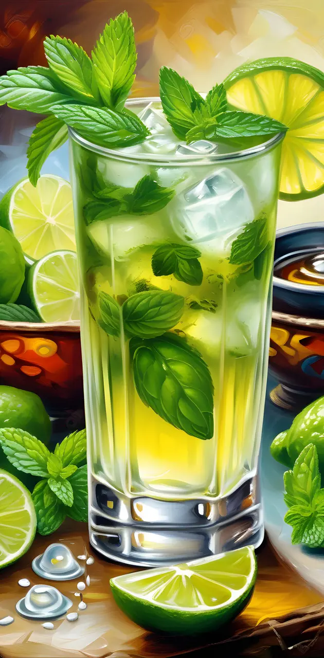 Mojito, extra ice, limes surround glass, mint leaves,