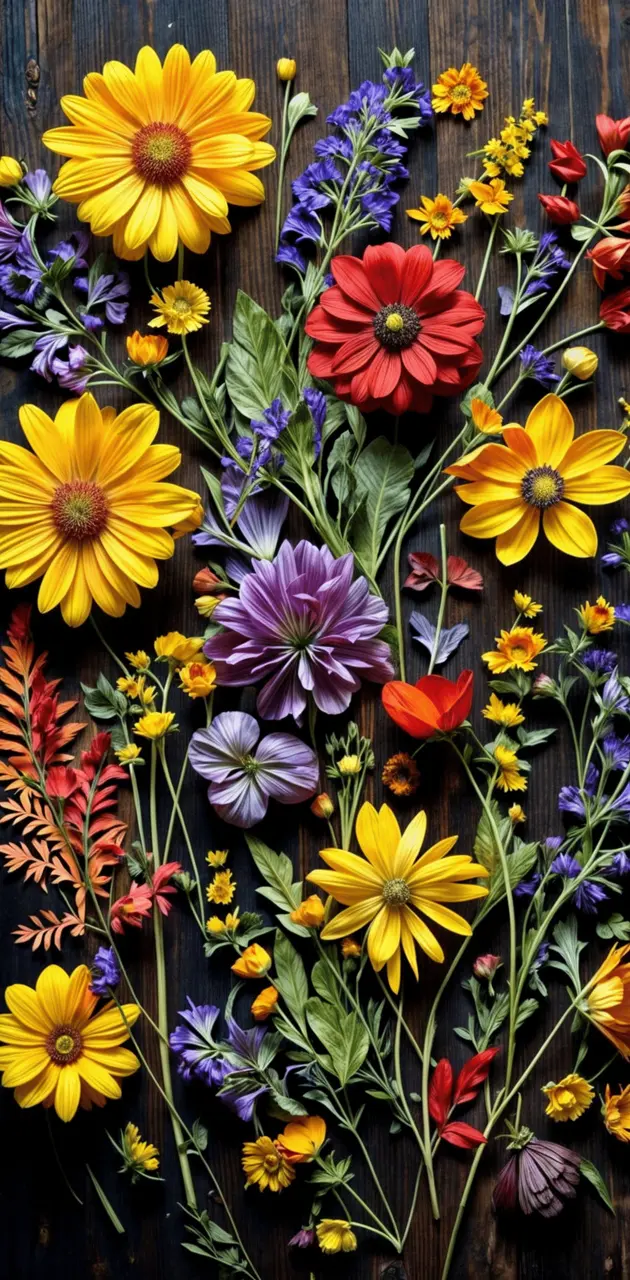 a wooden surface covered with various colorful flowers