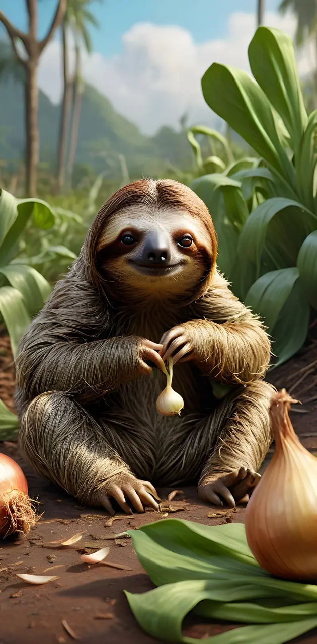 A sloth having fun with onions