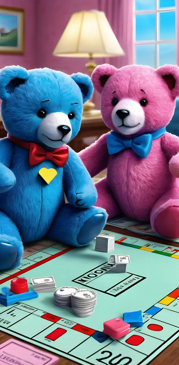 a couple of teddy bears sit on a table
