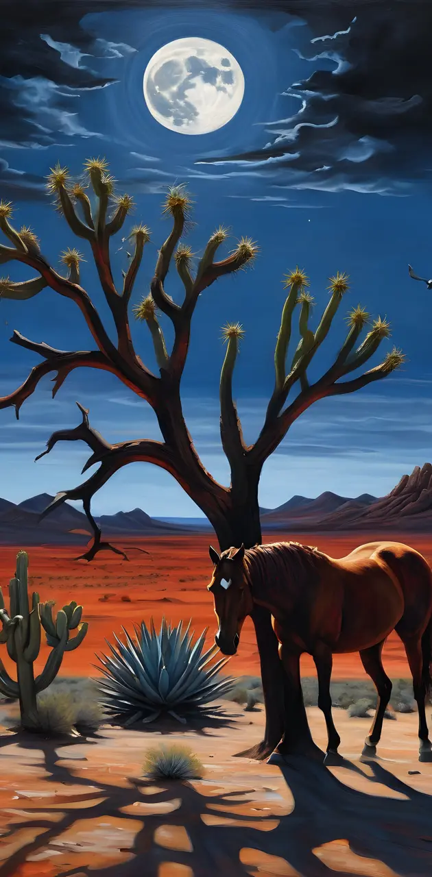 a horse with no name standing alone in the desert dark