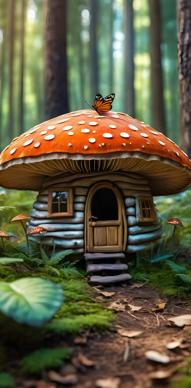 a mushroom shaped building in the woods