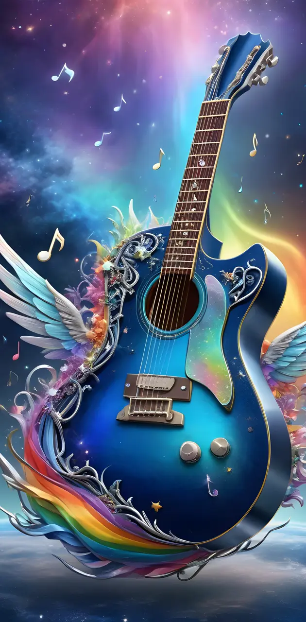 guitar, multi color, musical notes, Angela wings,