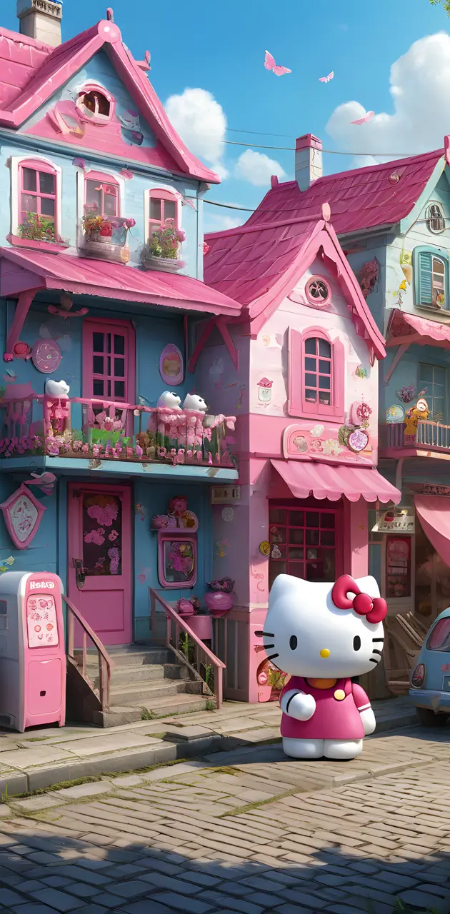 a pink house with a cartoon character in front of it
