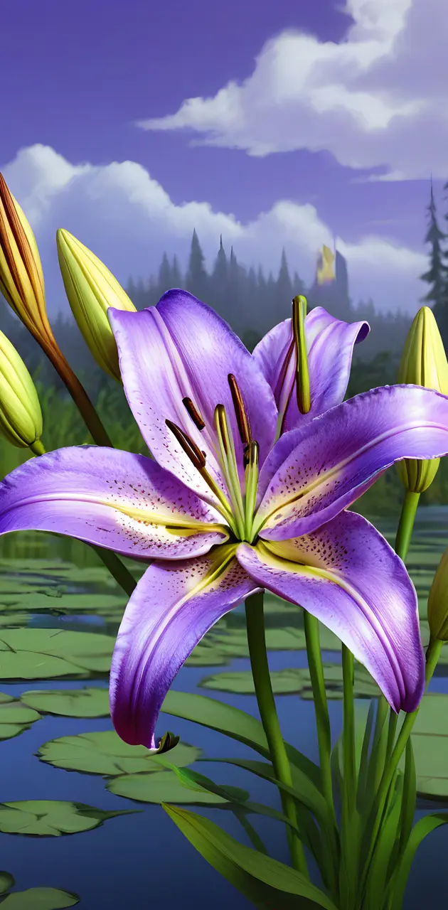 a purple flower in a pond