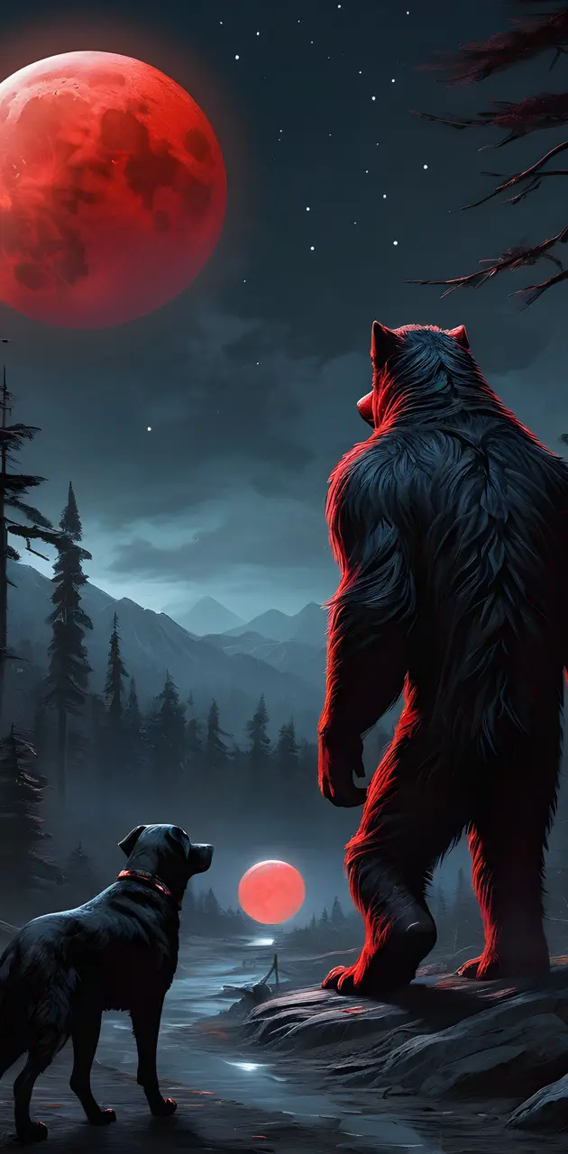 a dog and big foot in a forest with a moon in the background