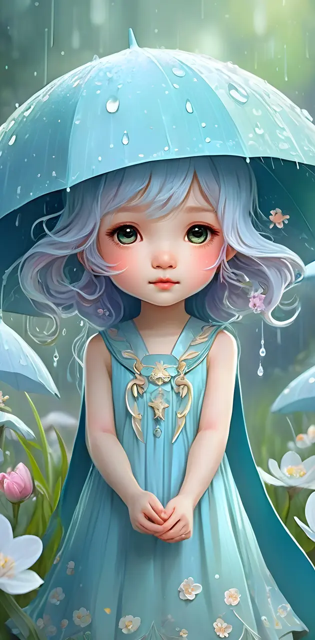 a doll with a blue dress and umbrella