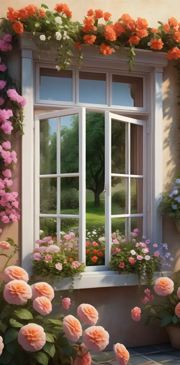 a window with flowers and plants around it