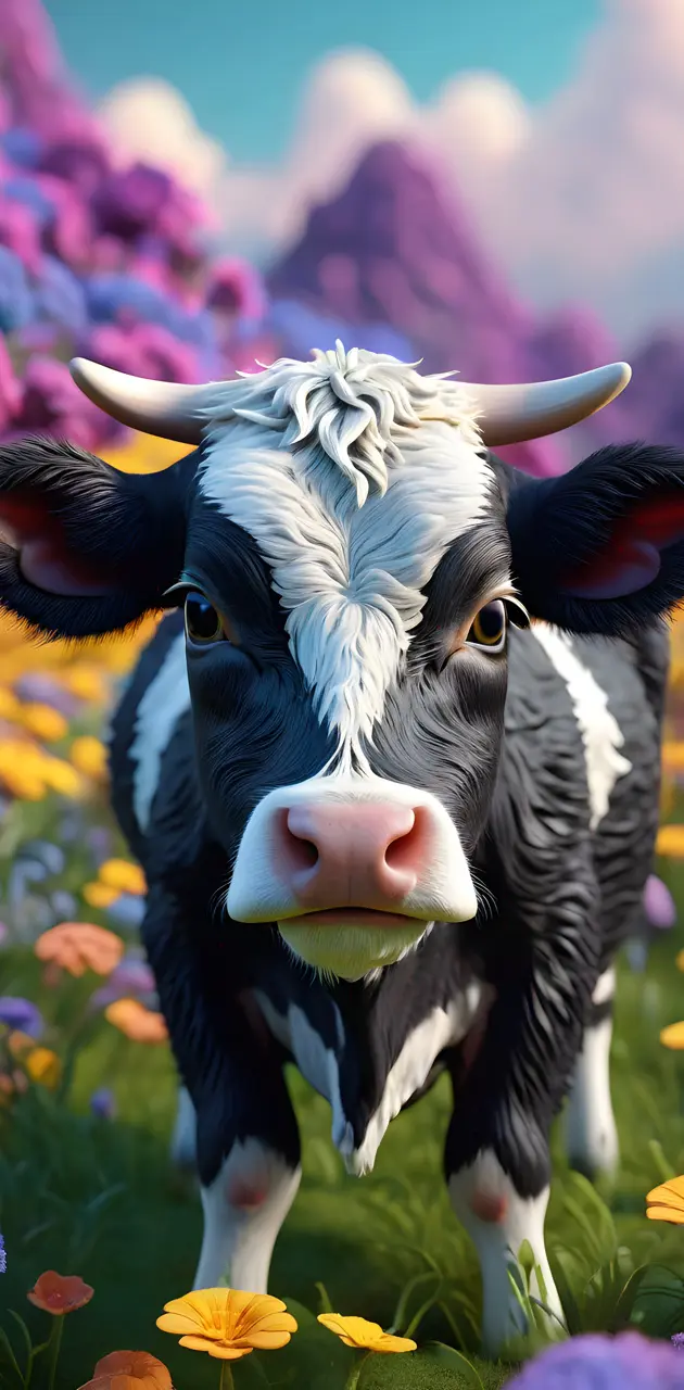 a cow with horns in a field of flowers