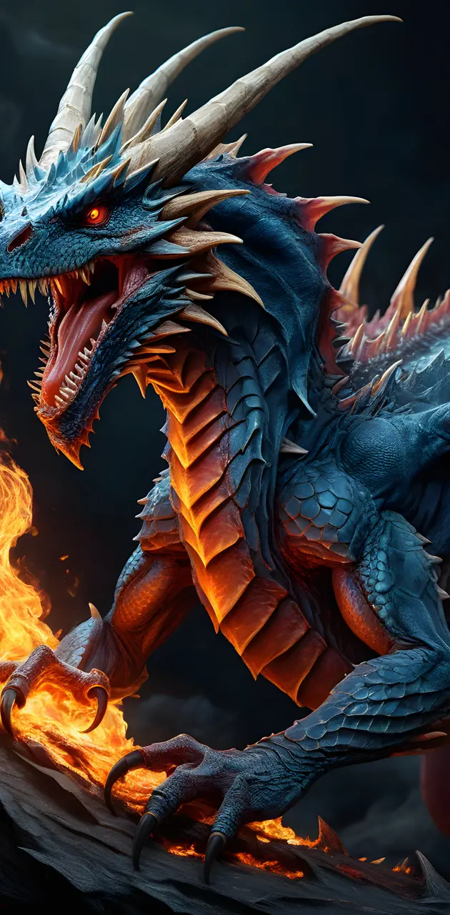 Blue Dragon, standing on flames
